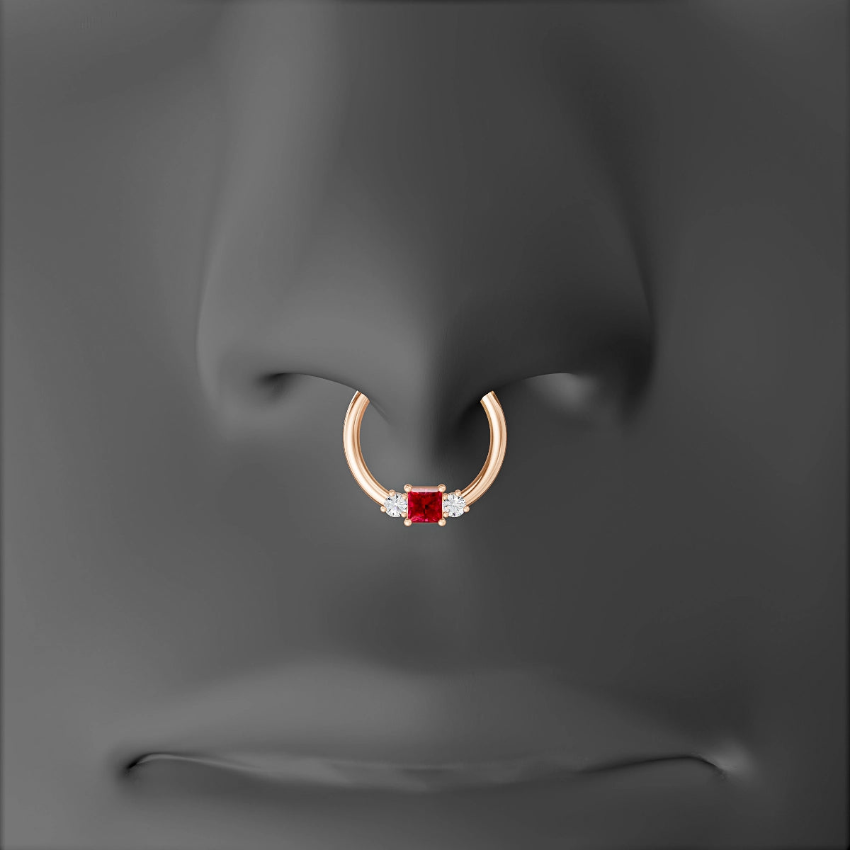 Grace | 18k Rose Gold 9.5 mm Trilogy Princess Ruby & Diamond Septum Piercing