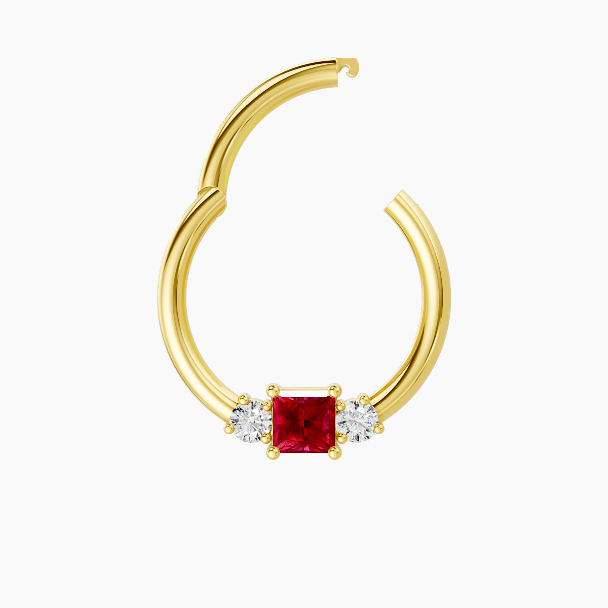 Grace | 18k Yellow Gold 9.5 mm Trilogy Princess Ruby & Diamond Septum Piercing