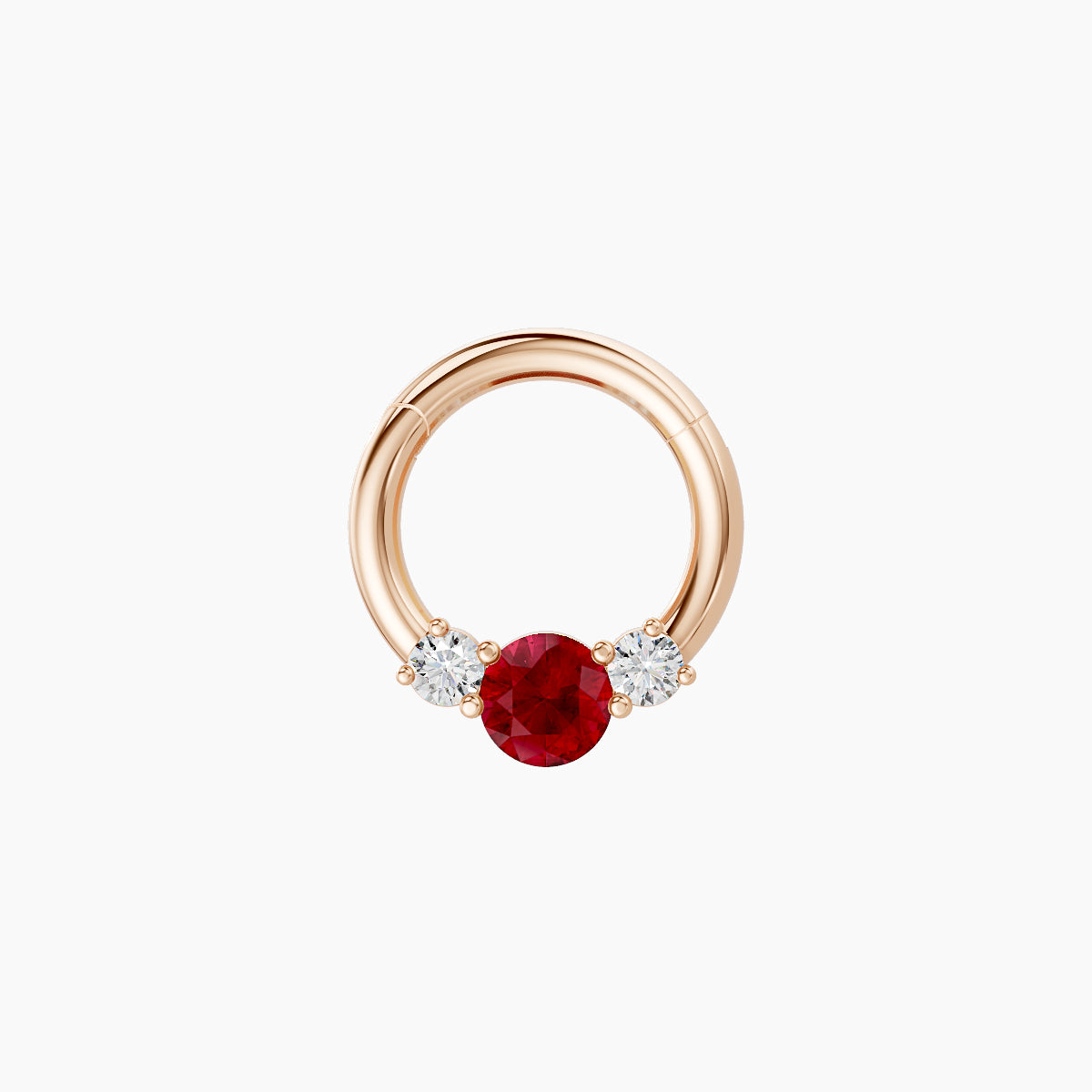 Grace | 18k Rose Gold 6.5 mm Trilogy Round Ruby & Diamond Daith Piercing
