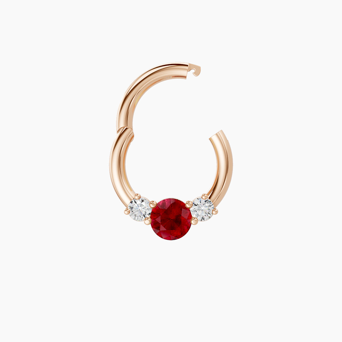 Grace | 18k Rose Gold 6.5 mm Trilogy Round Ruby & Diamond Daith Piercing