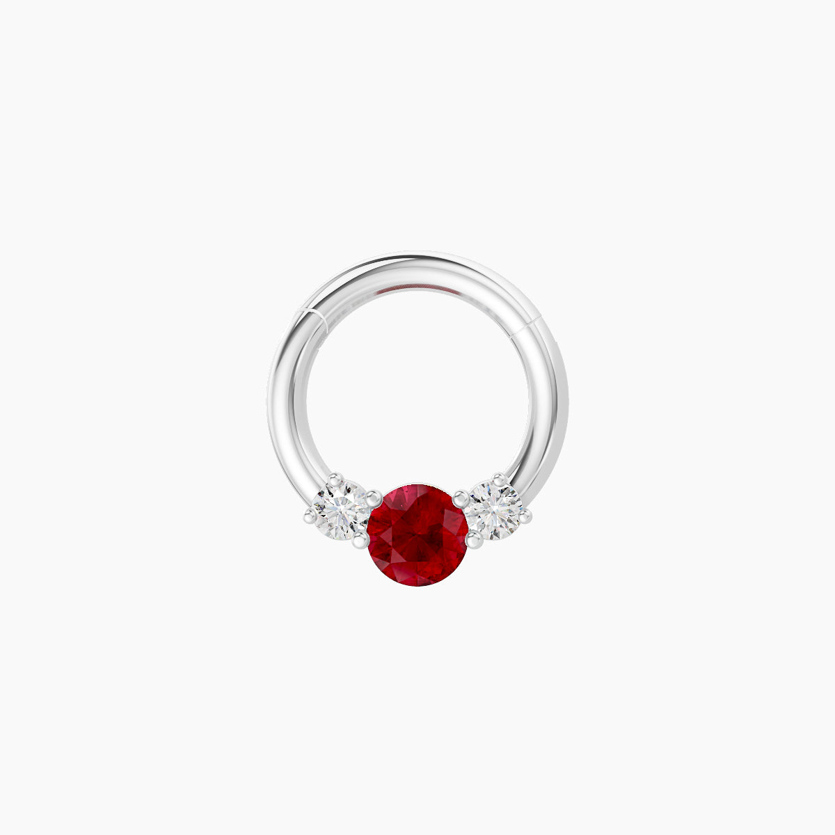 Grace | 18k White Gold 6.5 mm Trilogy Round Ruby & Diamond Daith Piercing