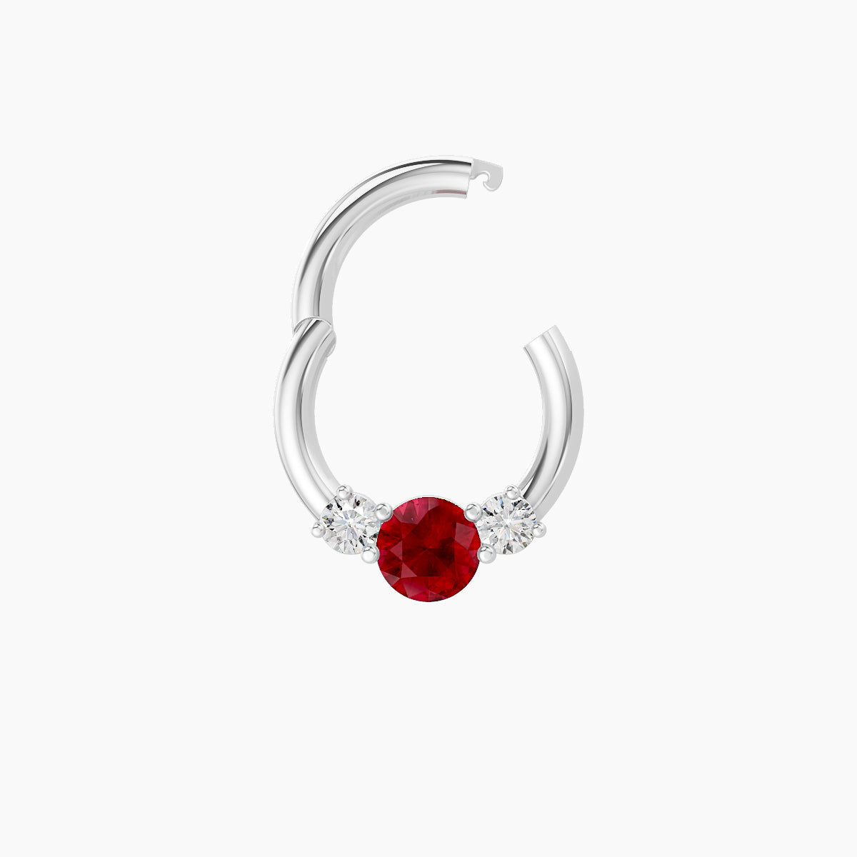 Grace | 18k White Gold 6.5 mm Trilogy Round Ruby & Diamond Daith Piercing