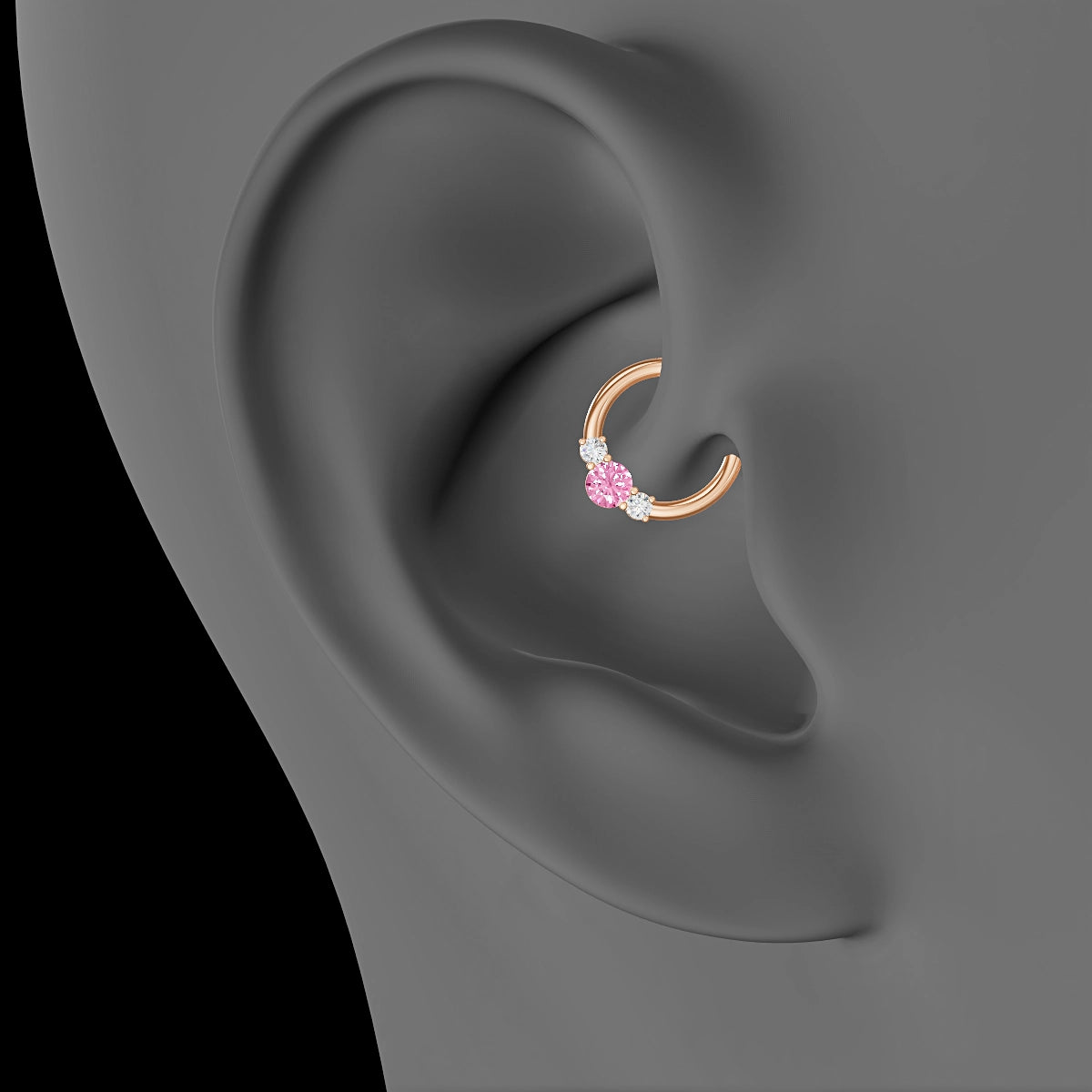 Grace | 18k Rose Gold 8 mm Trilogy Round Pink Sapphire & Diamond Daith Piercing