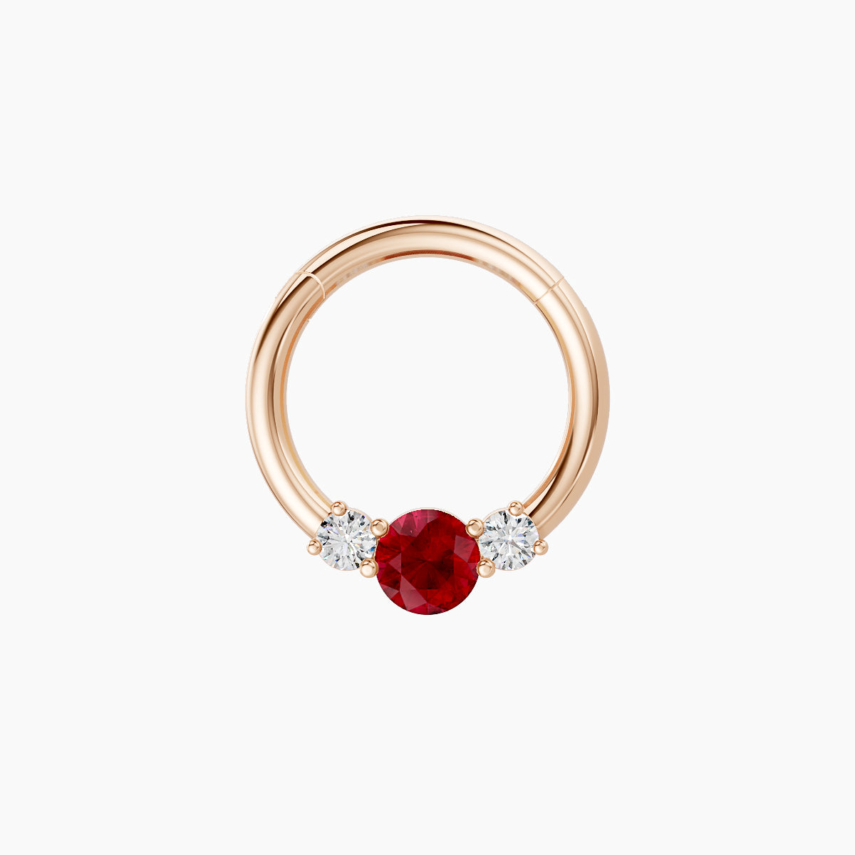 Grace | 18k Rose Gold 8 mm Trilogy Round Ruby & Diamond Daith Piercing