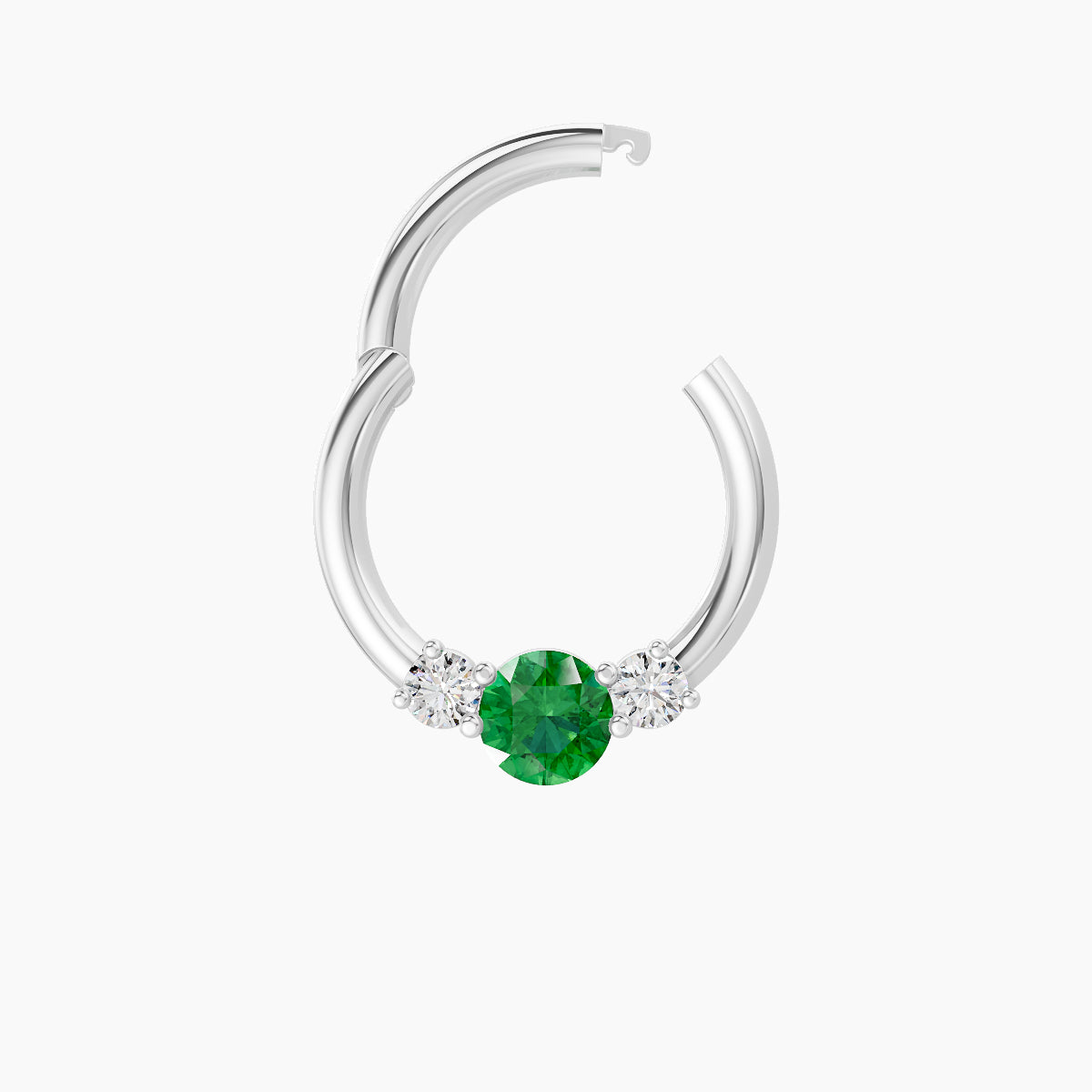 Grace | 18k White Gold 8 mm Trilogy Round Emerald & Diamond Daith Piercing