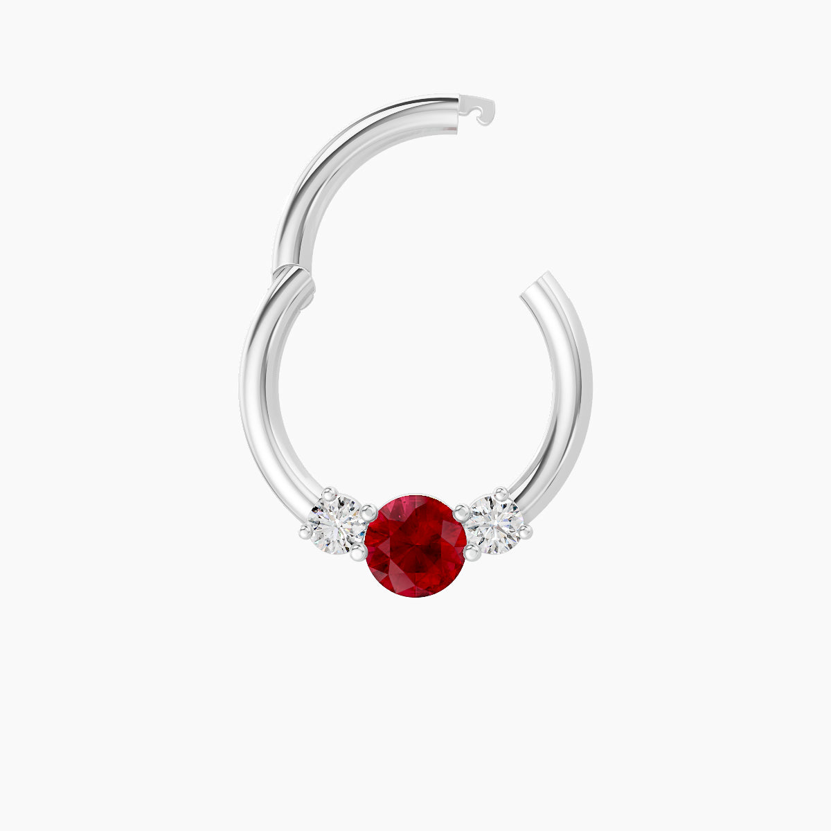 Grace | 18k White Gold 8 mm Trilogy Round Ruby & Diamond Daith Piercing