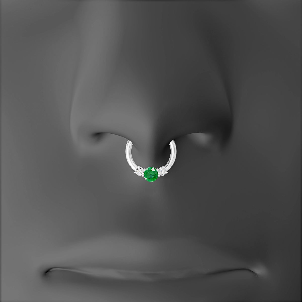 Grace | 18k White Gold 8 mm Trilogy Round Emerald & Diamond Septum Piercing