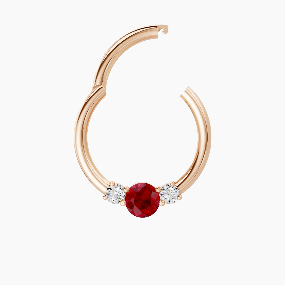 Grace | 18k Rose Gold 9.5 mm Trilogy Round Ruby & Diamond Daith Piercing