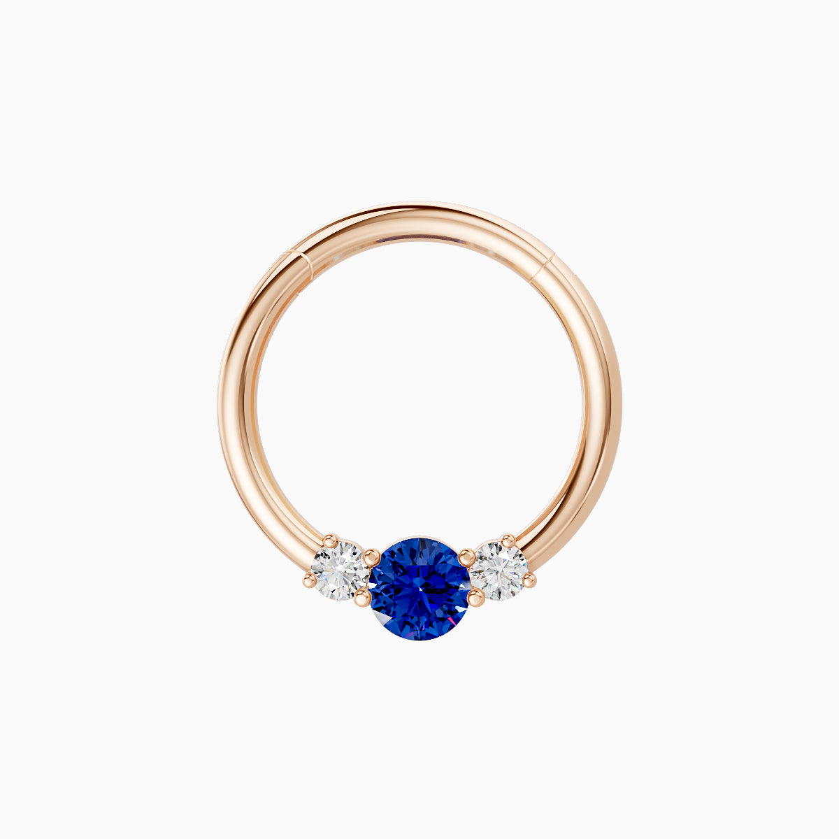 Grace | 18k Rose Gold 9.5 mm Trilogy Round Sapphire & Diamond Daith Piercing