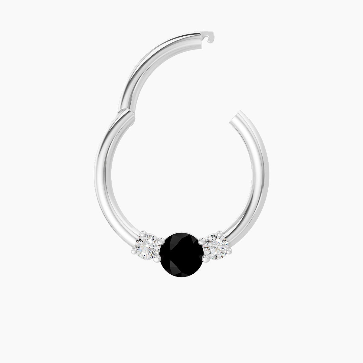 Grace | 18k White Gold 9.5 mm Trilogy Round Black Diamond & Diamond Daith Piercing