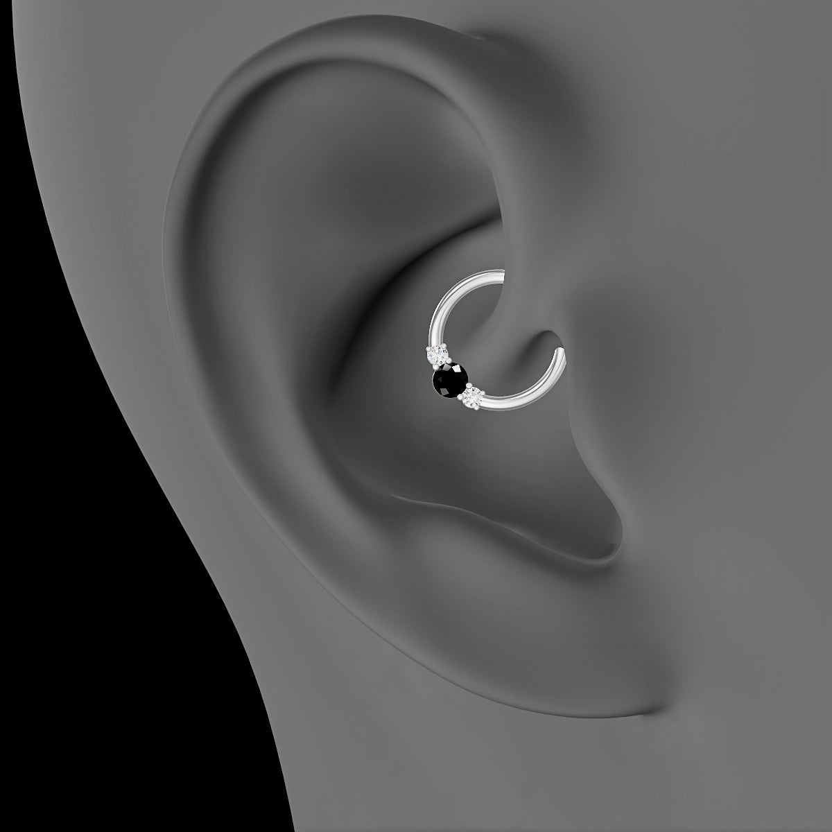 Grace | 18k White Gold 9.5 mm Trilogy Round Black Diamond & Diamond Daith Piercing