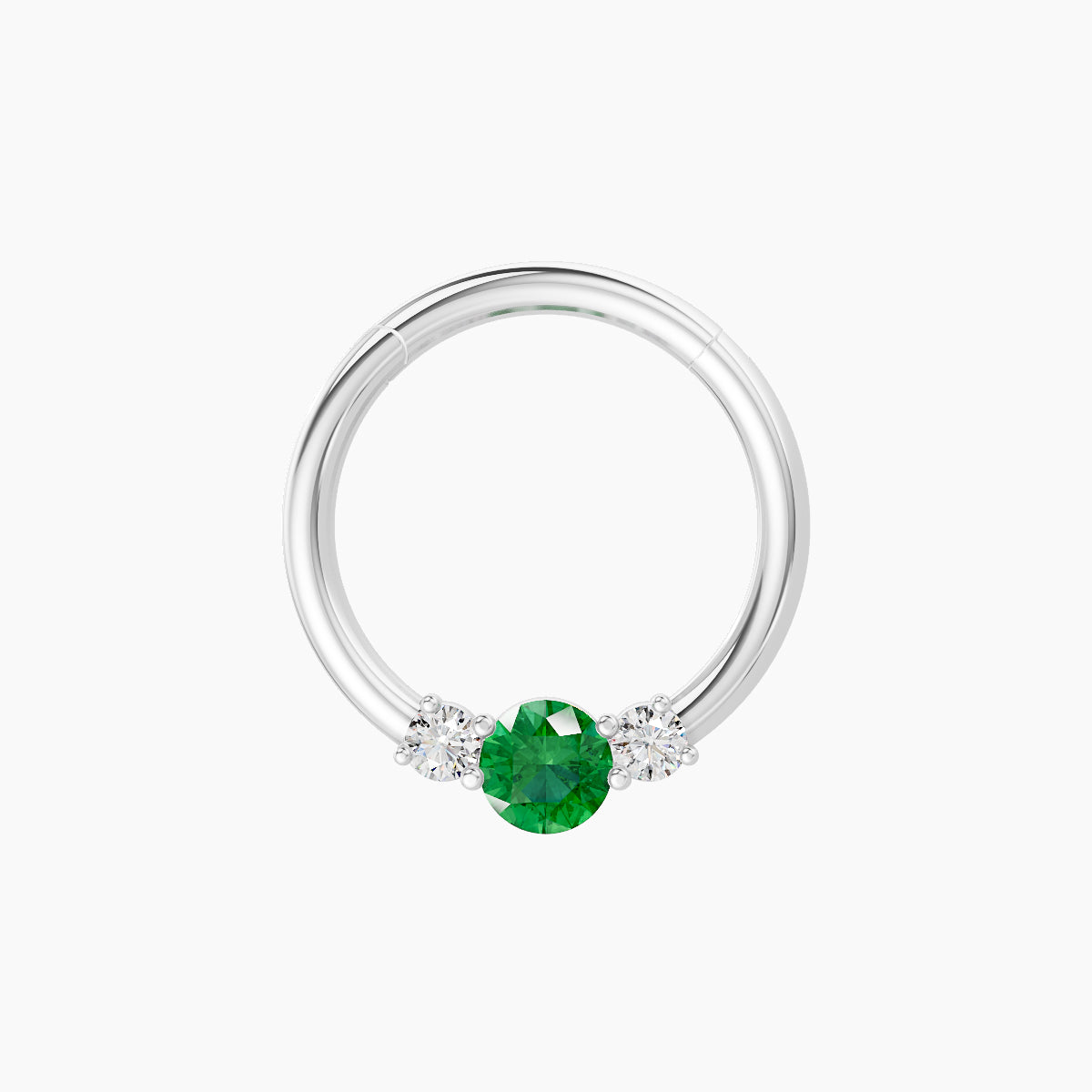 Grace | 18k White Gold 9.5 mm Trilogy Round Emerald & Diamond Daith Piercing