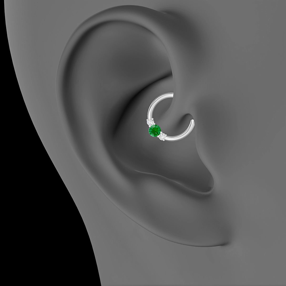 Grace | 18k White Gold 9.5 mm Trilogy Round Emerald & Diamond Daith Piercing