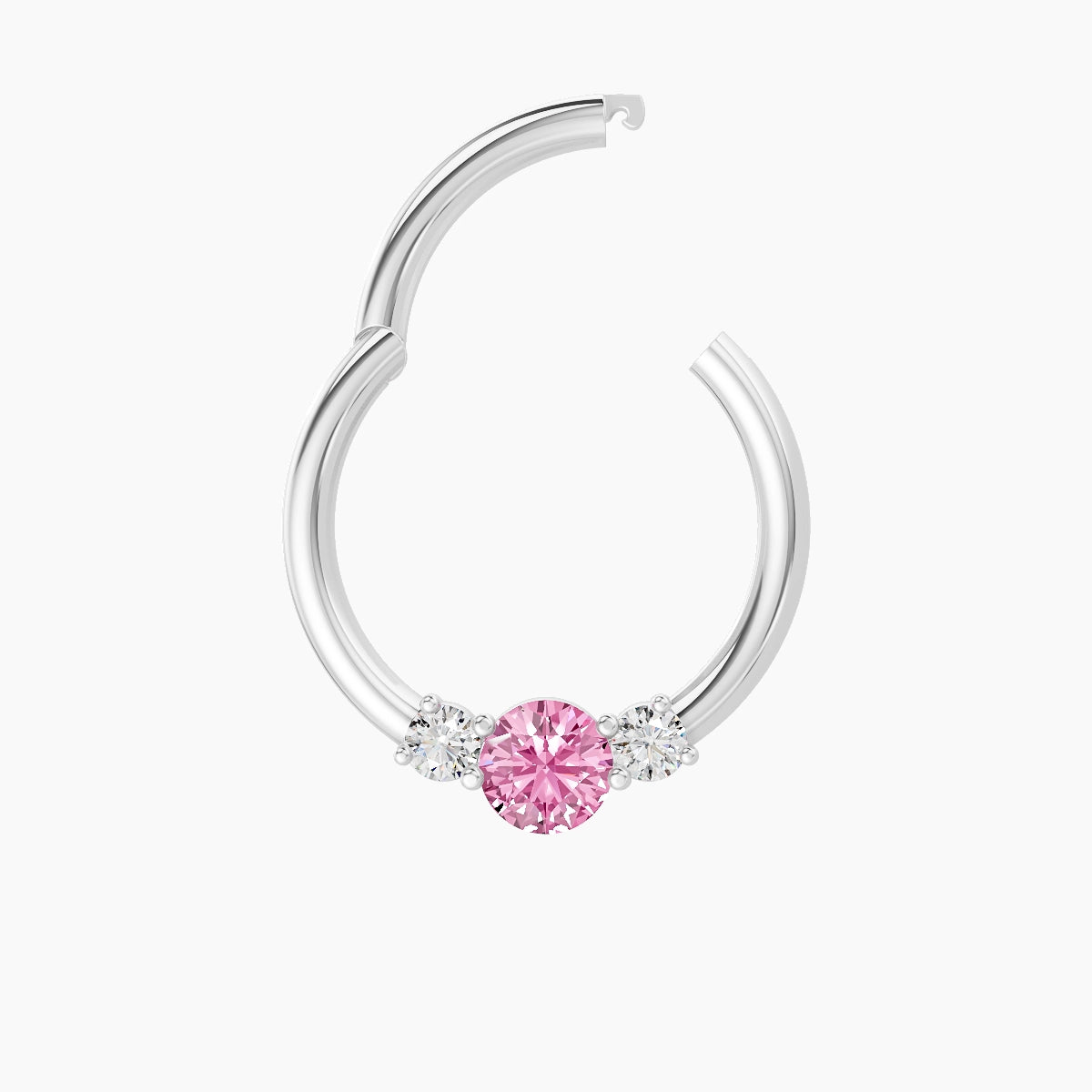Grace | 18k White Gold 9.5 mm Trilogy Round Pink Sapphire & Diamond Daith Piercing