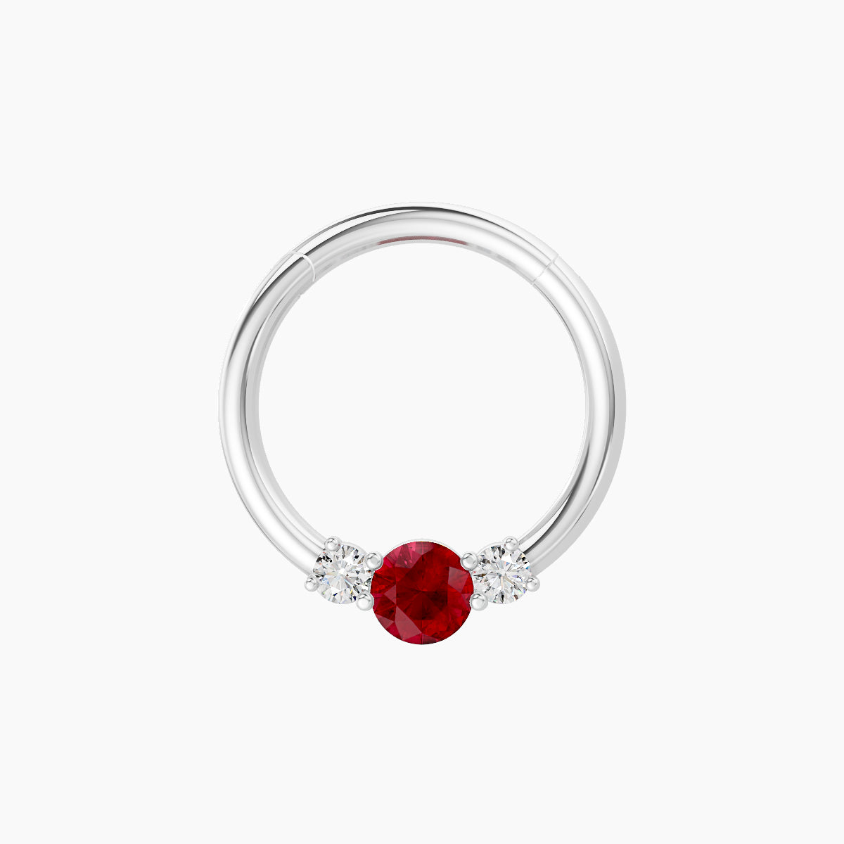 Grace | 18k White Gold 9.5 mm Trilogy Round Ruby & Diamond Daith Piercing