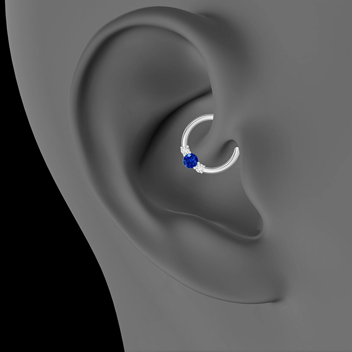 Grace | 18k White Gold 9.5 mm Trilogy Round Sapphire & Diamond Daith Piercing