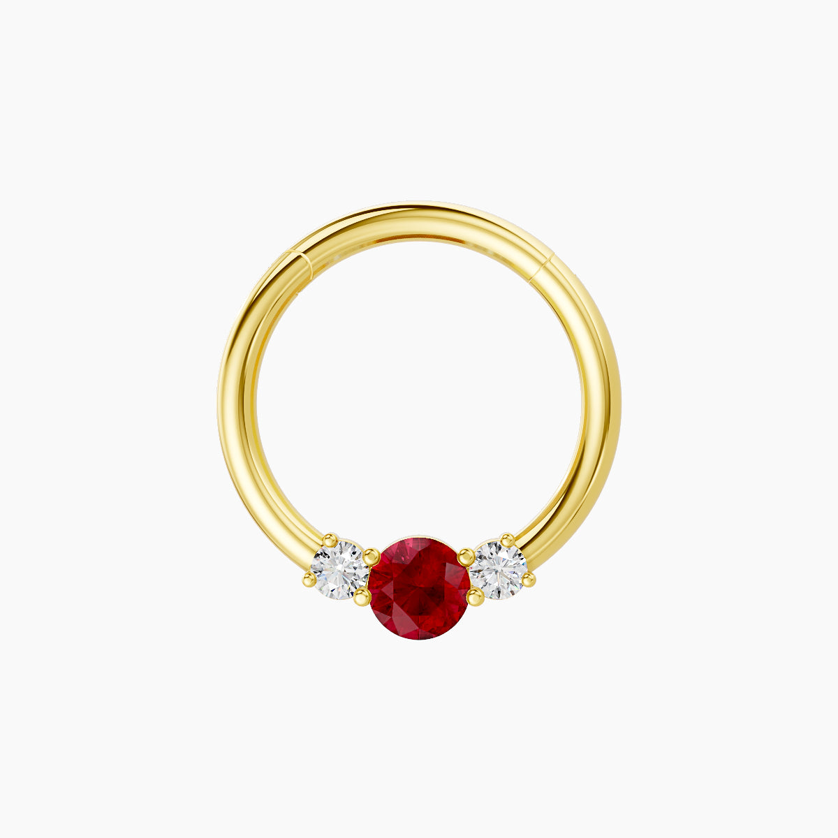 Grace | 18k Yellow Gold 9.5 mm Trilogy Round Ruby & Diamond Daith Piercing