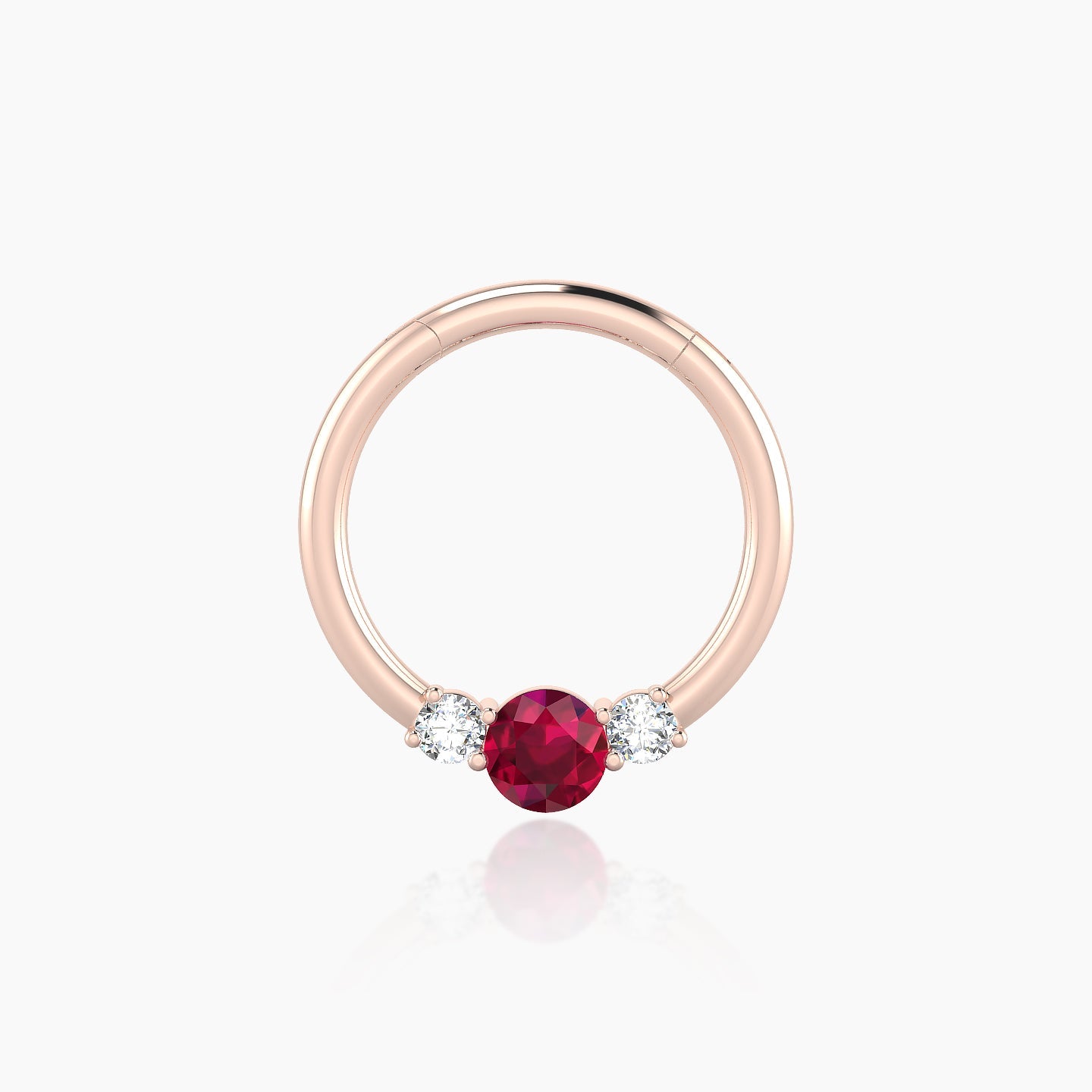 Grace | 18k Rose Gold 9.5 mm Trilogy Round Ruby & Diamond Daith Piercing