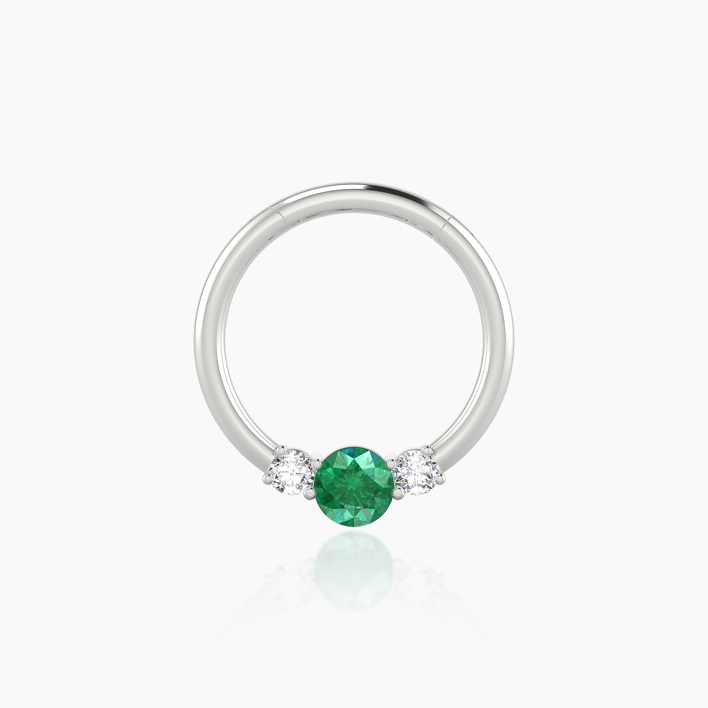 Grace | 18k White Gold 9.5 mm Trilogy Round Emerald & Diamond Daith Piercing