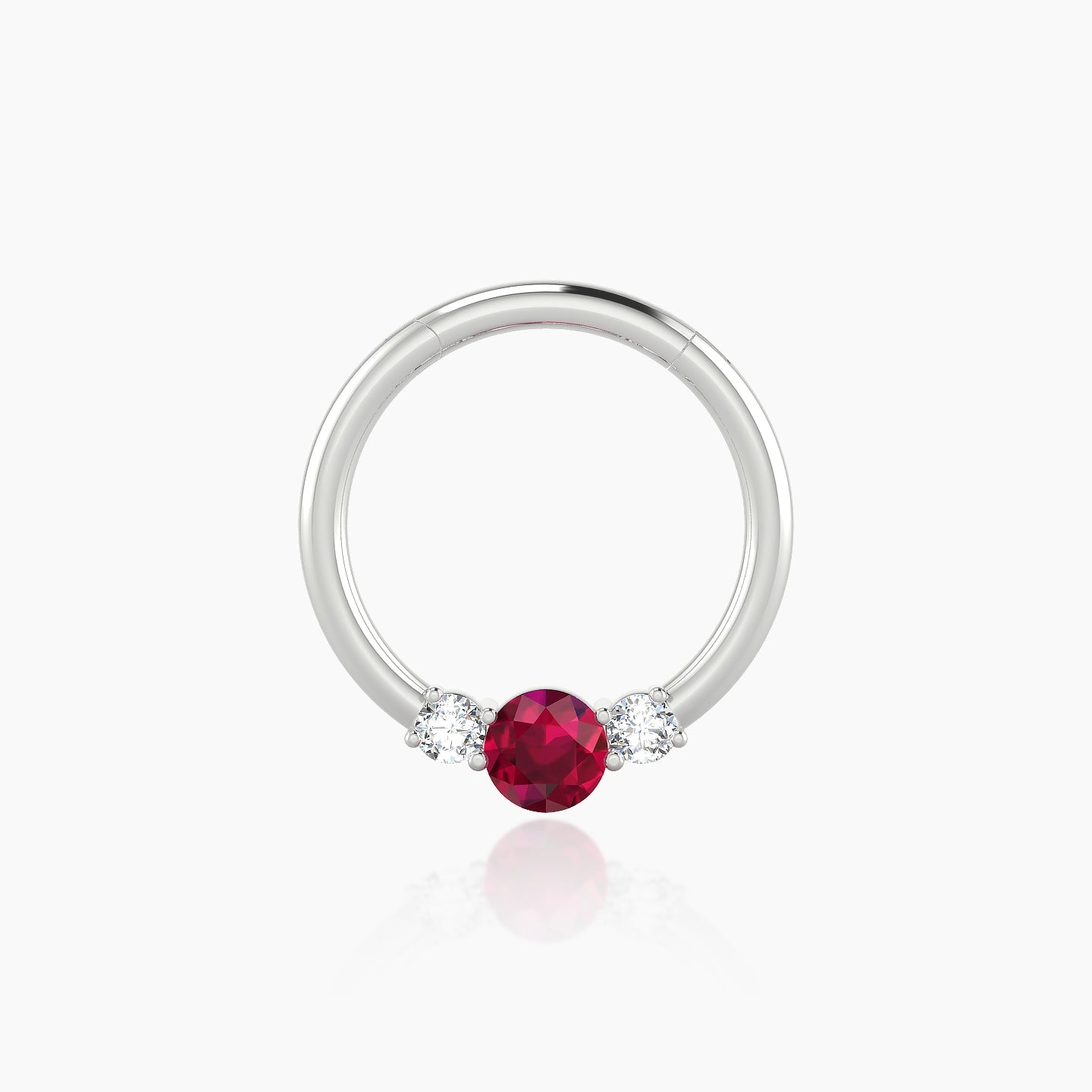 Grace | 18k White Gold 9.5 mm Trilogy Round Ruby & Diamond Daith Piercing