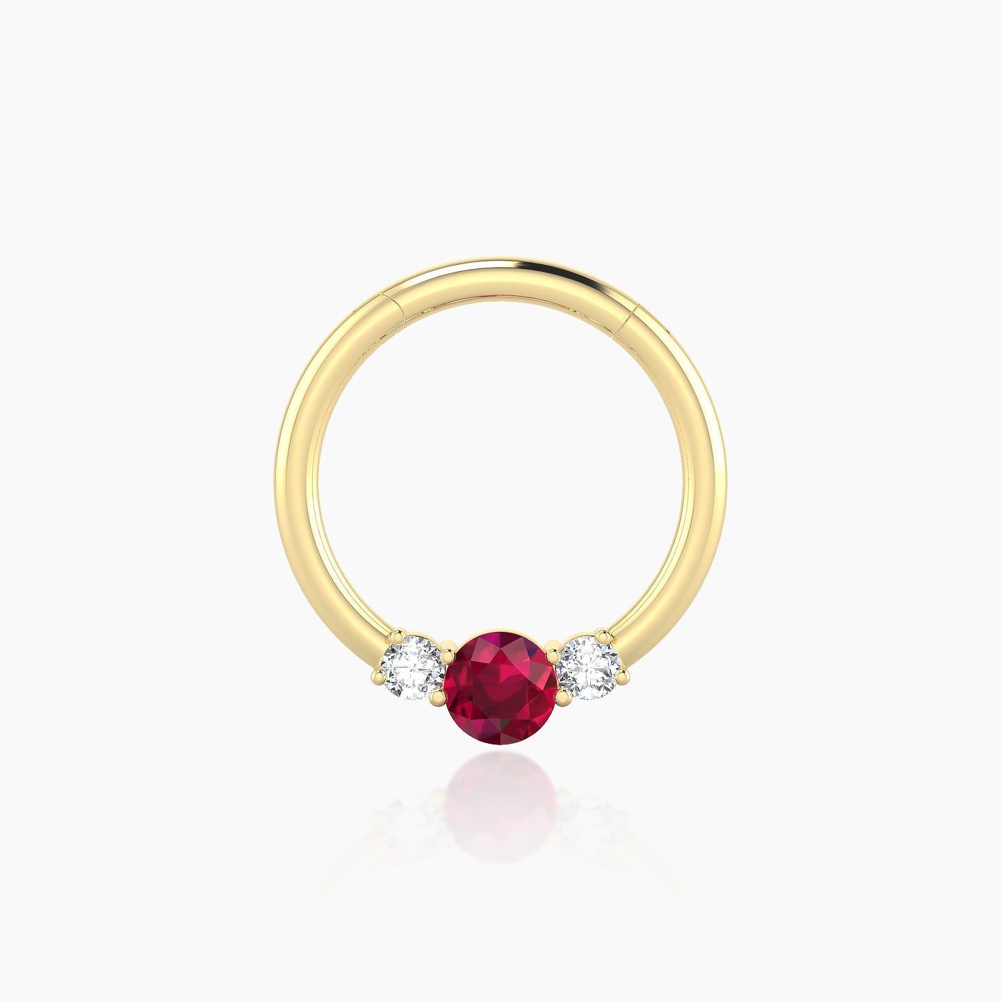 Grace | 18k Yellow Gold 9.5 mm Trilogy Round Ruby & Diamond Daith Piercing