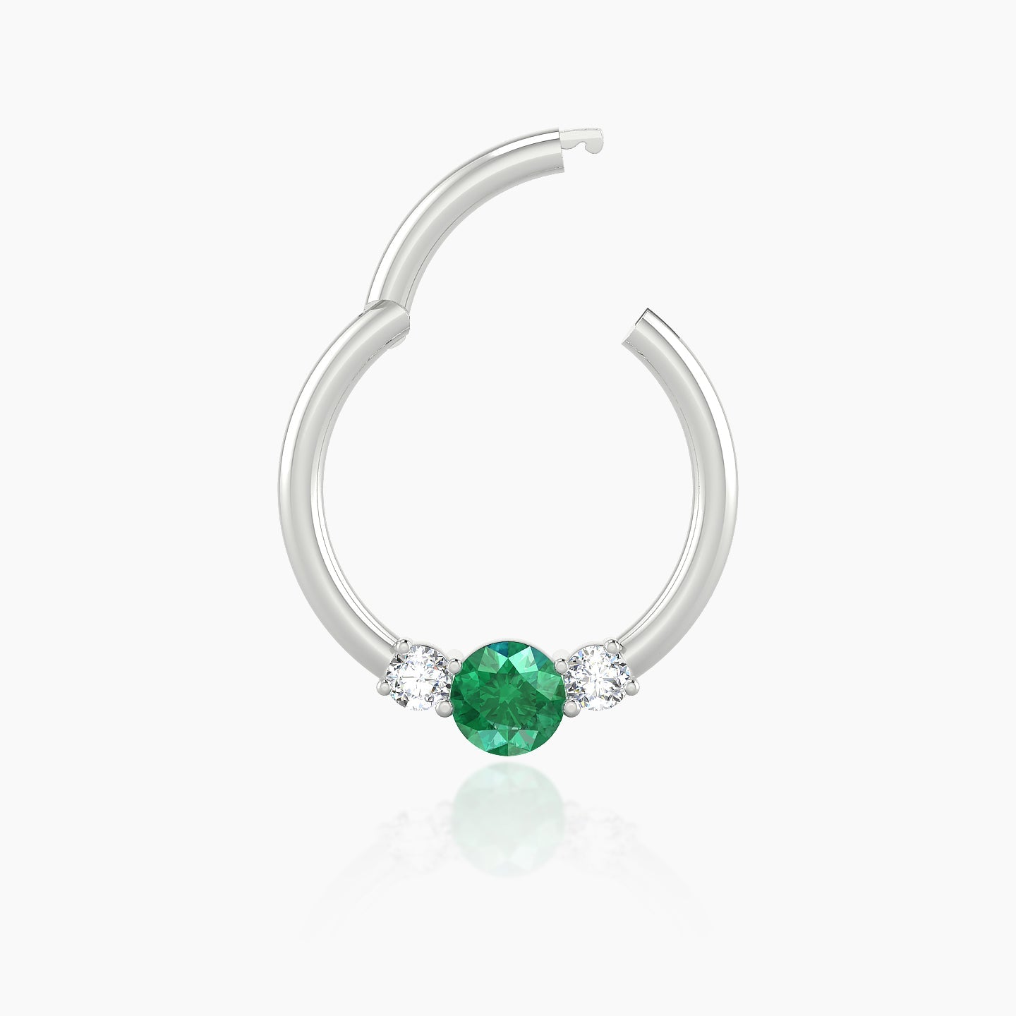 Grace | 18k White Gold 9.5 mm Trilogy Round Emerald & Diamond Daith Piercing