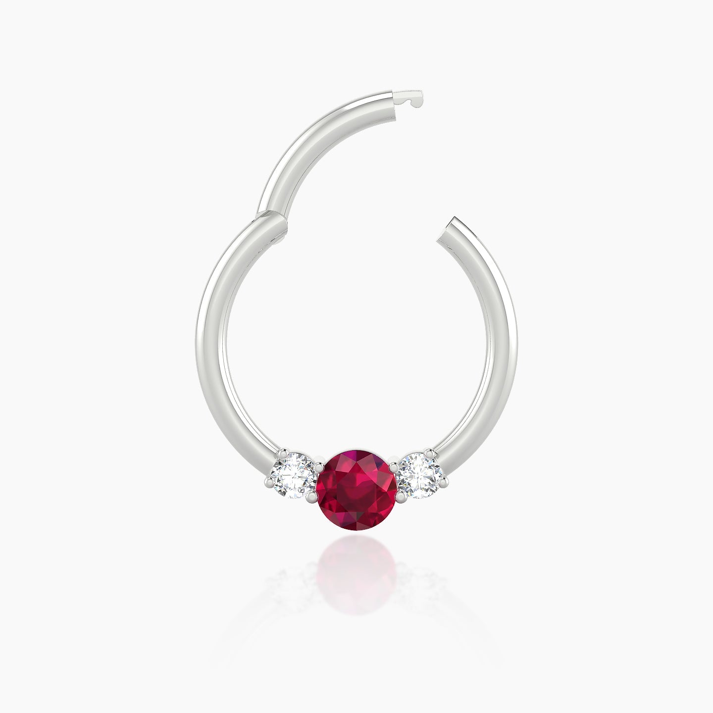 Grace | 18k White Gold 9.5 mm Trilogy Round Ruby & Diamond Daith Piercing