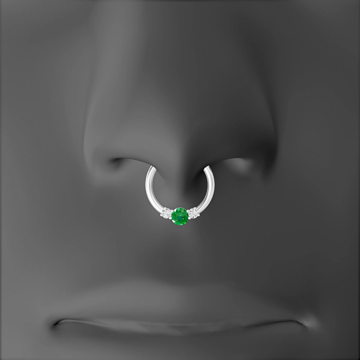 Grace | 18k White Gold 9.5 mm Trilogy Round Emerald & Diamond Septum Piercing