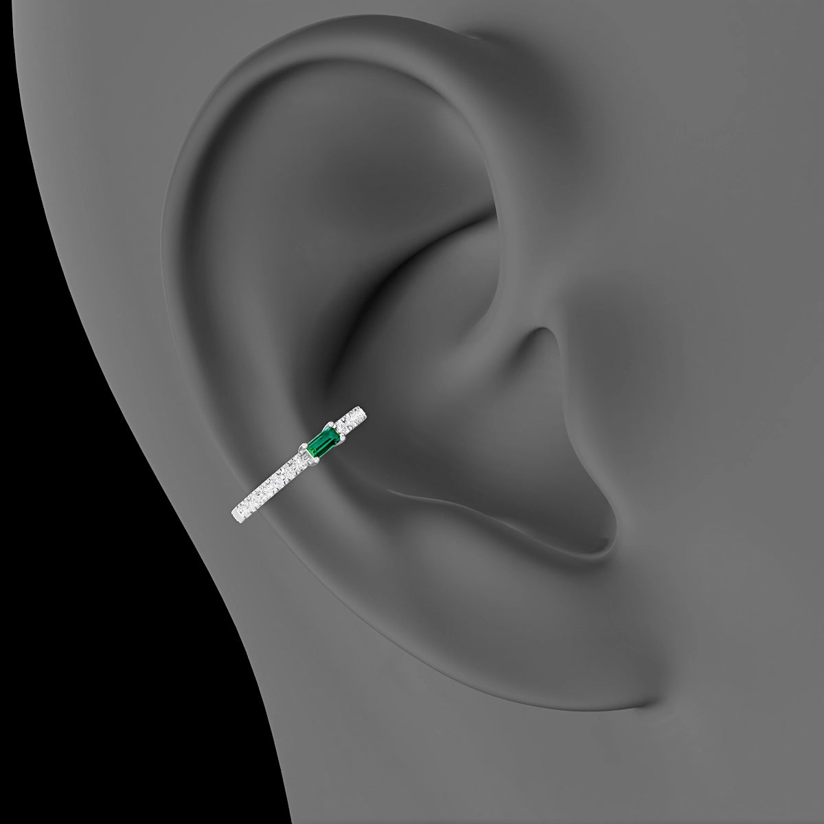 Inanna | 18k White Gold 11 mm Baguette Emerald & Diamond Hoop Piercing