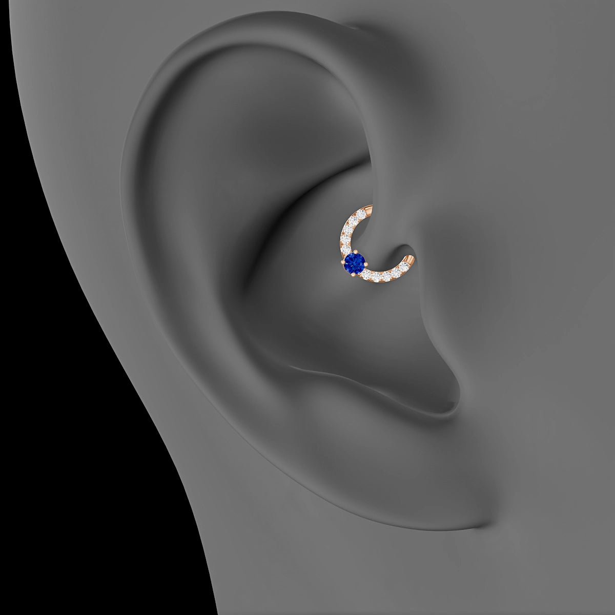 Inanna | 18k Rose Gold 6.5 mm Round Sapphire & Diamond Daith Piercing