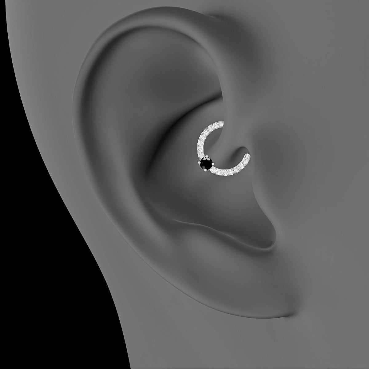 Inanna | 18k White Gold 8 mm Round Black Diamond & Diamond Daith Piercing