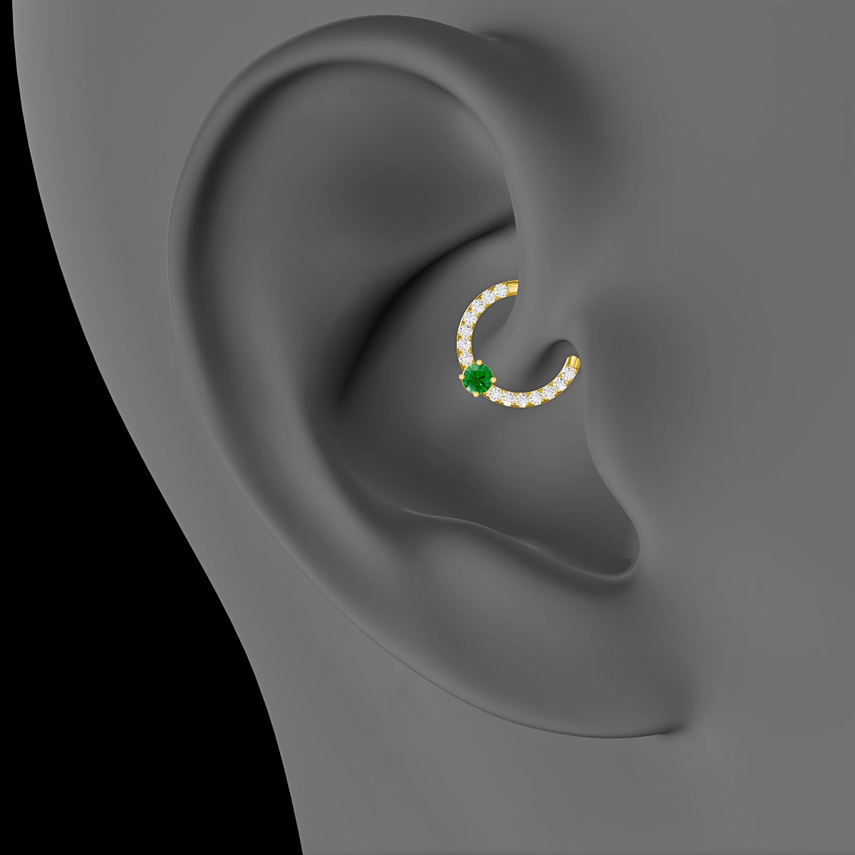 Inanna | 18k Yellow Gold 8 mm Round Emerald & Diamond Daith Piercing
