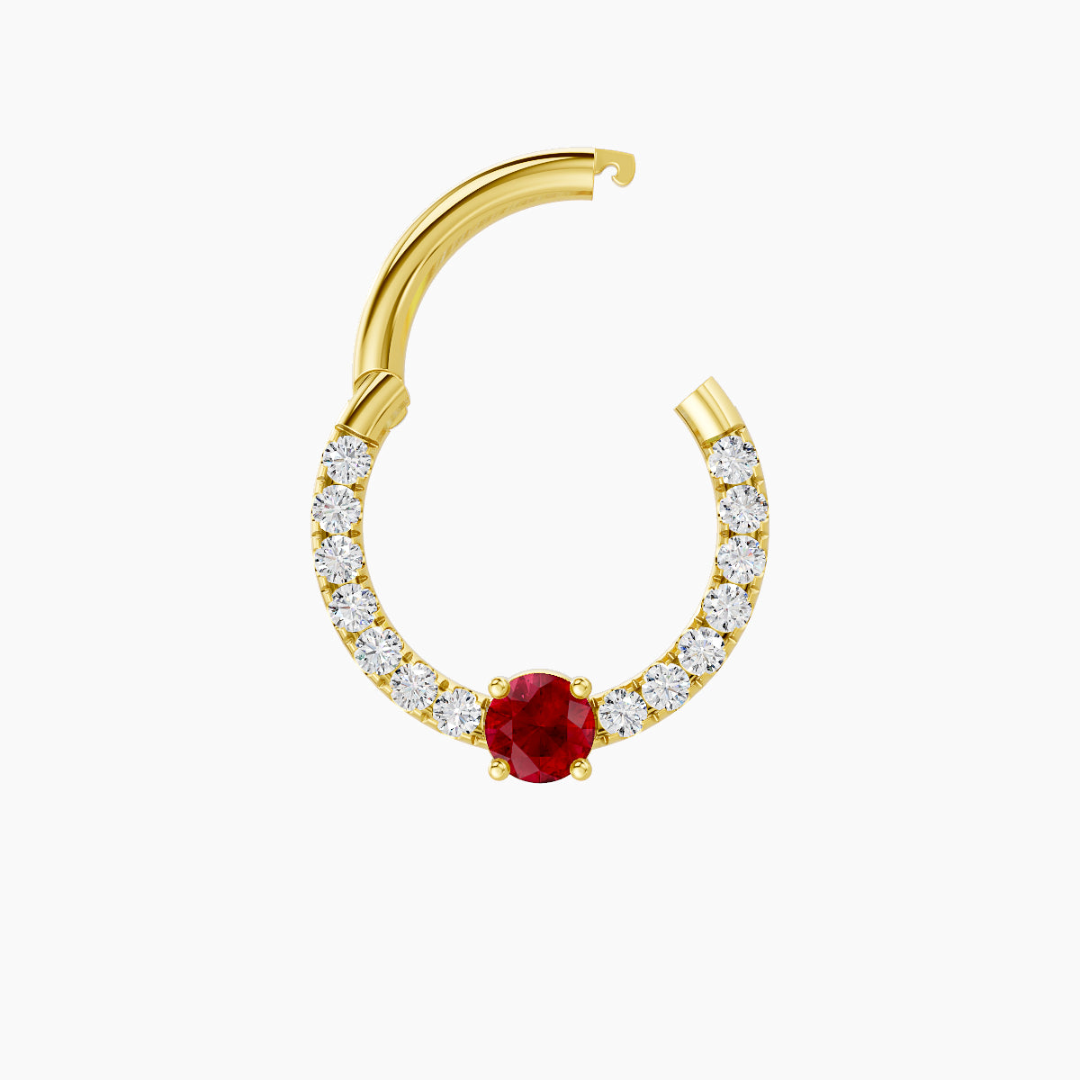 Inanna | 18k Yellow Gold 8 mm Round Ruby & Diamond Daith Piercing