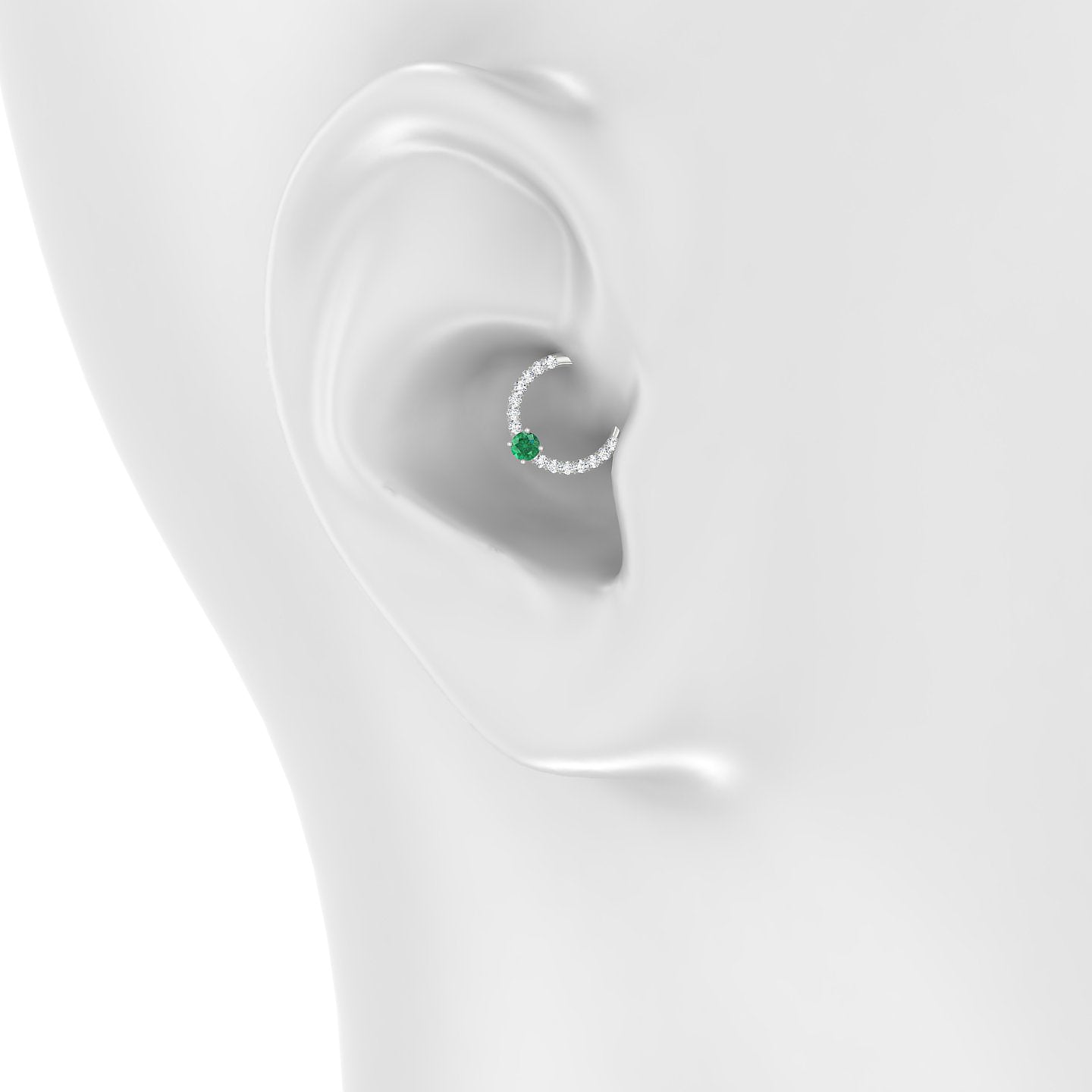 Inanna | 18k White Gold 8 mm Round Emerald & Diamond Daith Piercing