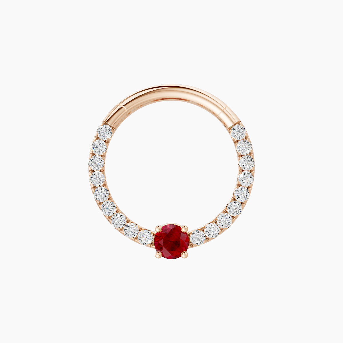 Inanna | 18k Rose Gold 9.5 mm Round Ruby & Diamond Daith Piercing