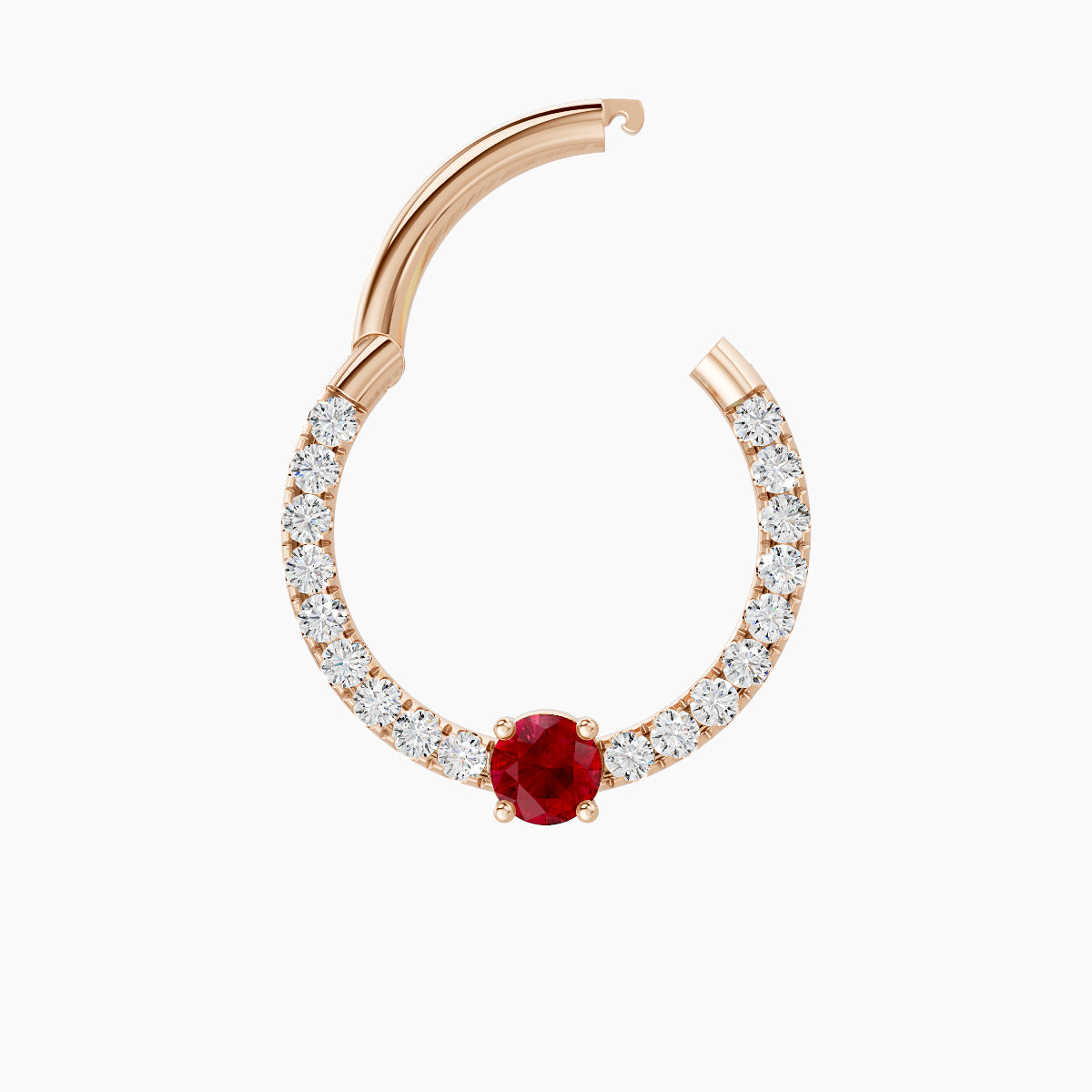 Inanna | 18k Rose Gold 9.5 mm Round Ruby & Diamond Daith Piercing