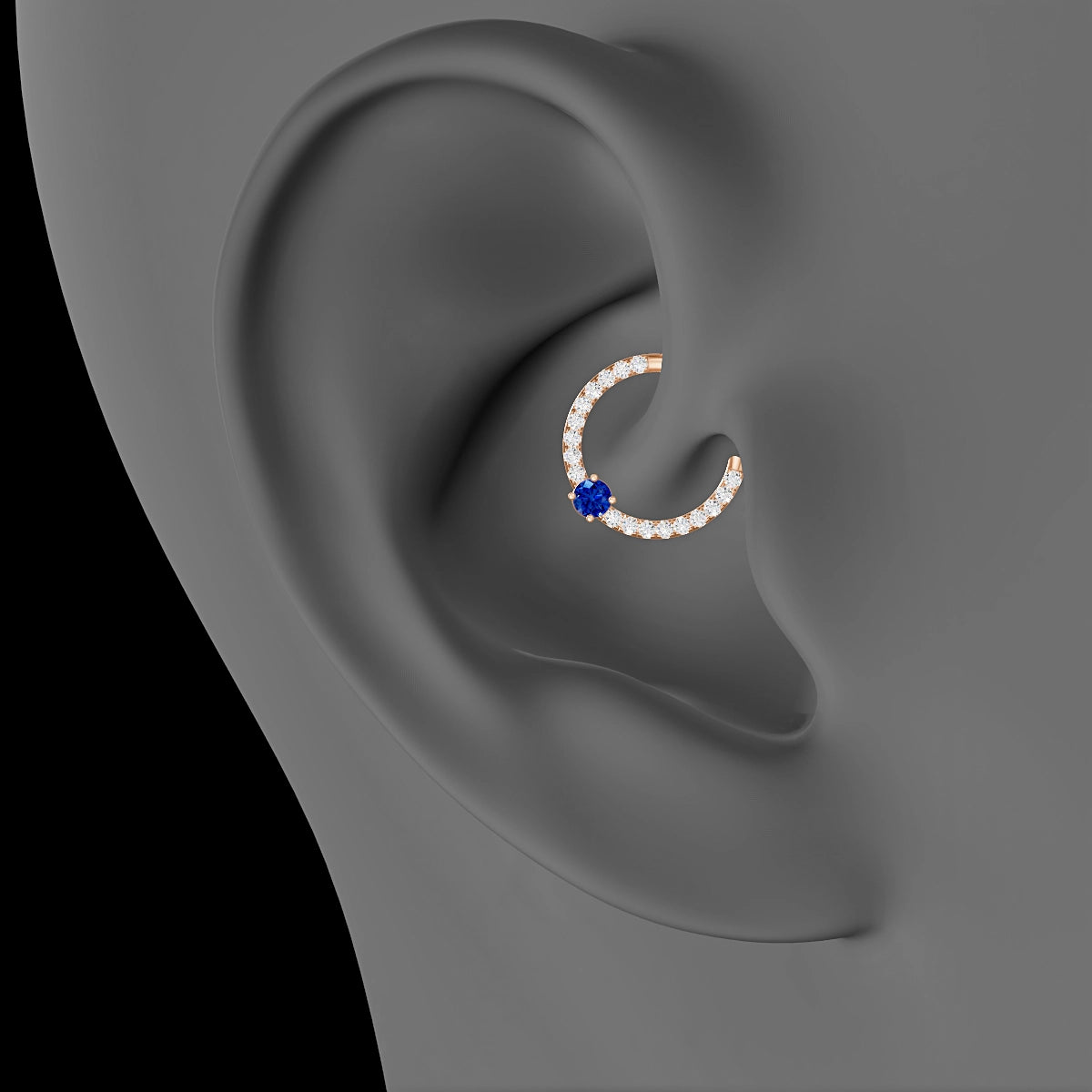 Inanna | 18k Rose Gold 9.5 mm Round Sapphire & Diamond Daith Piercing