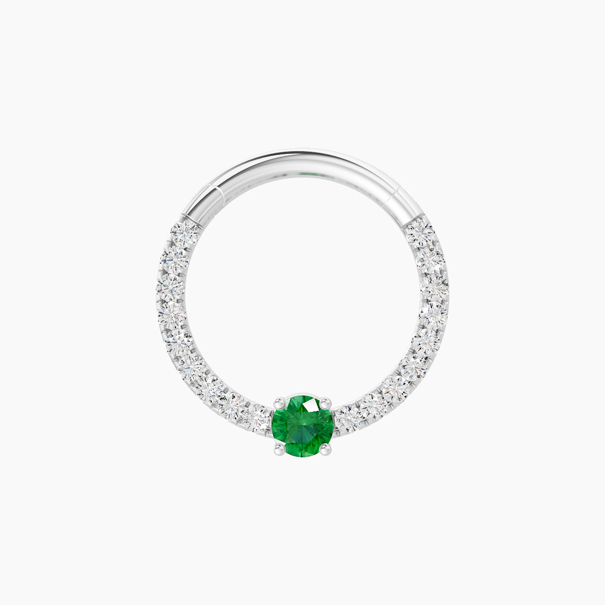 Inanna | 18k White Gold 9.5 mm Round Emerald & Diamond Daith Piercing