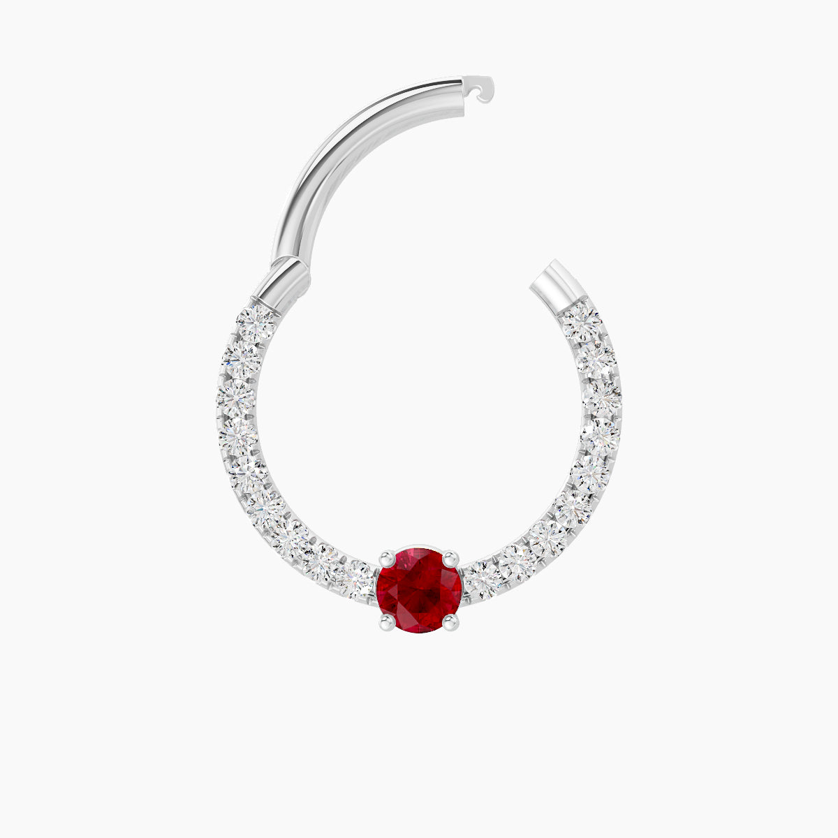 Inanna | 18k White Gold 9.5 mm Round Ruby & Diamond Daith Piercing