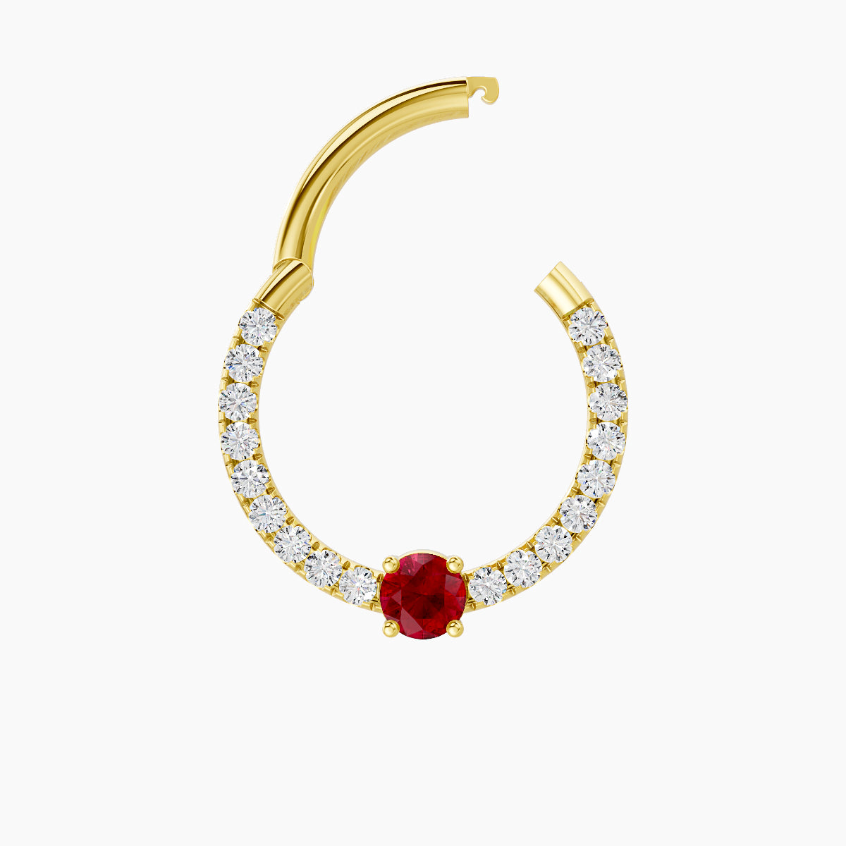 Inanna | 18k Yellow Gold 9.5 mm Round Ruby & Diamond Daith Piercing
