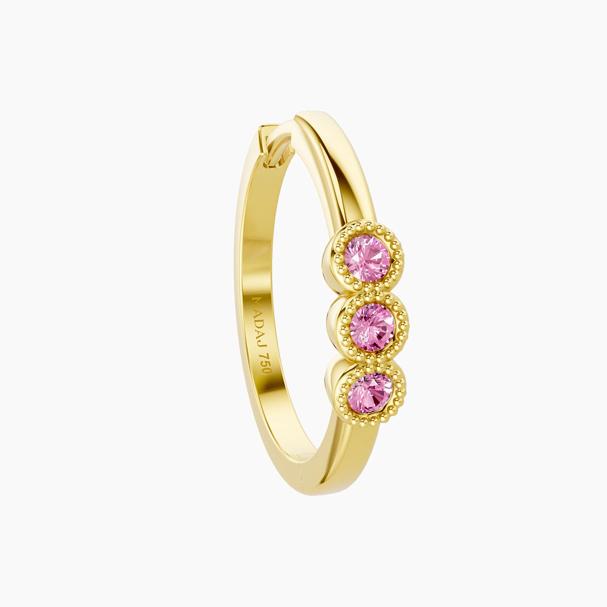 Irene | 18k Yellow Gold 11 mm Trilogy Pink Sapphire Hoop Piercing