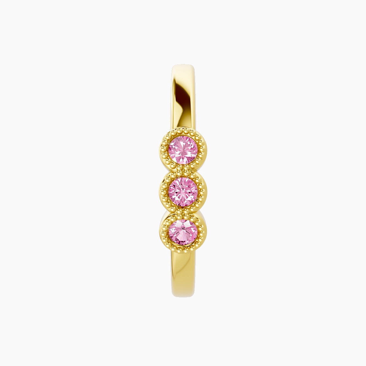 Irene | 18k Yellow Gold 11 mm Trilogy Pink Sapphire Hoop Piercing