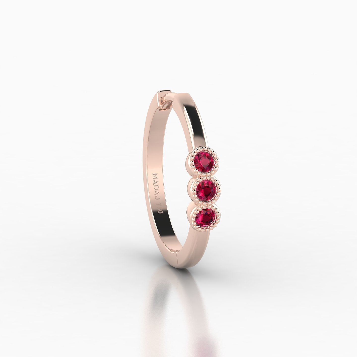 Irene | 18k Rose Gold 11 mm Trilogy Ruby Hoop Piercing