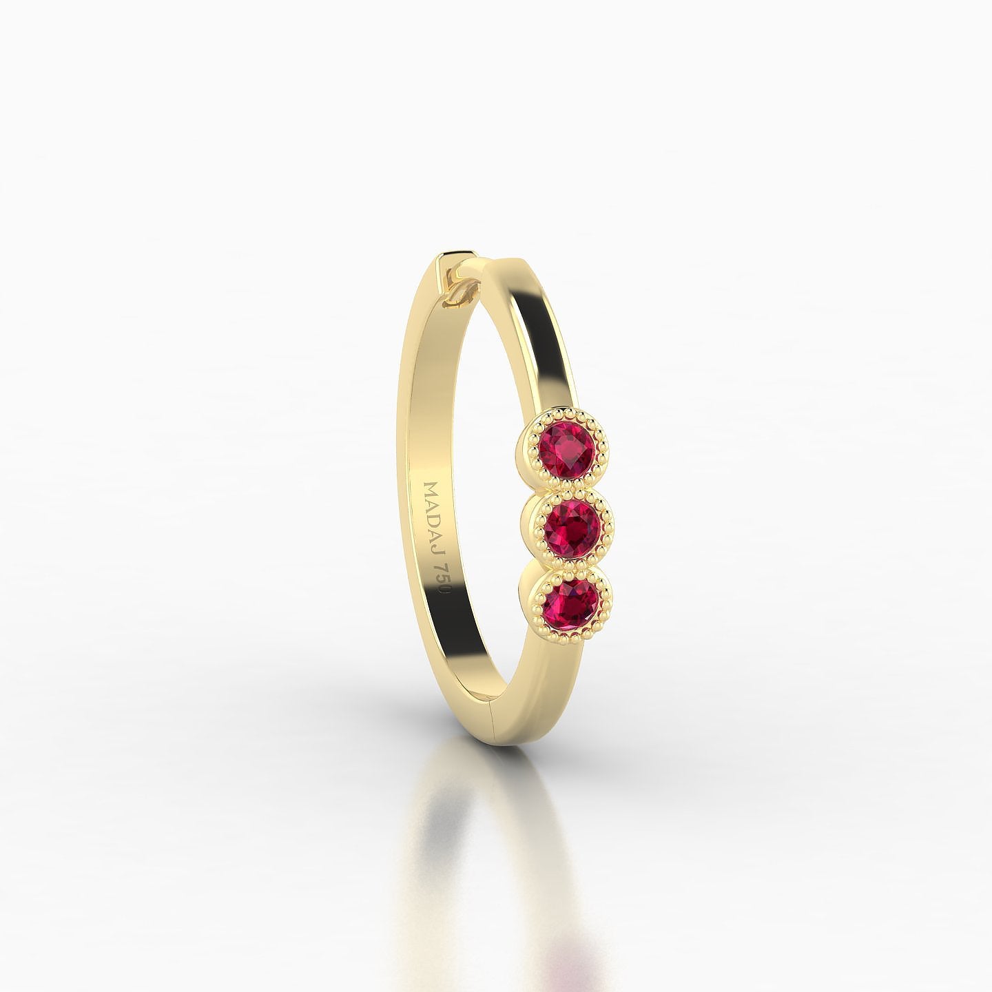 Irene | 18k Yellow Gold 11 mm Trilogy Ruby Hoop Piercing