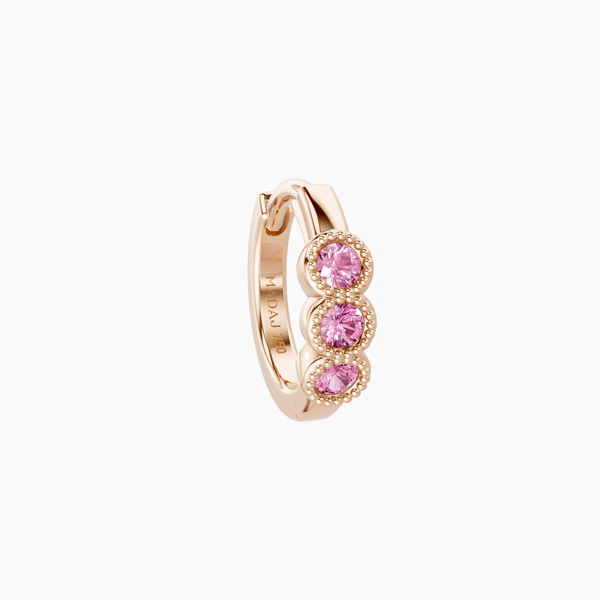 Irene | 18k Rose Gold 6.5 mm Trilogy Pink Sapphire Hoop Piercing