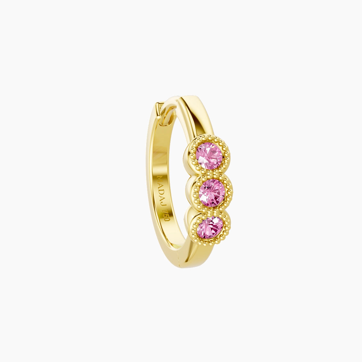 Irene | 18k Yellow Gold 8 mm Trilogy Pink Sapphire Hoop Piercing
