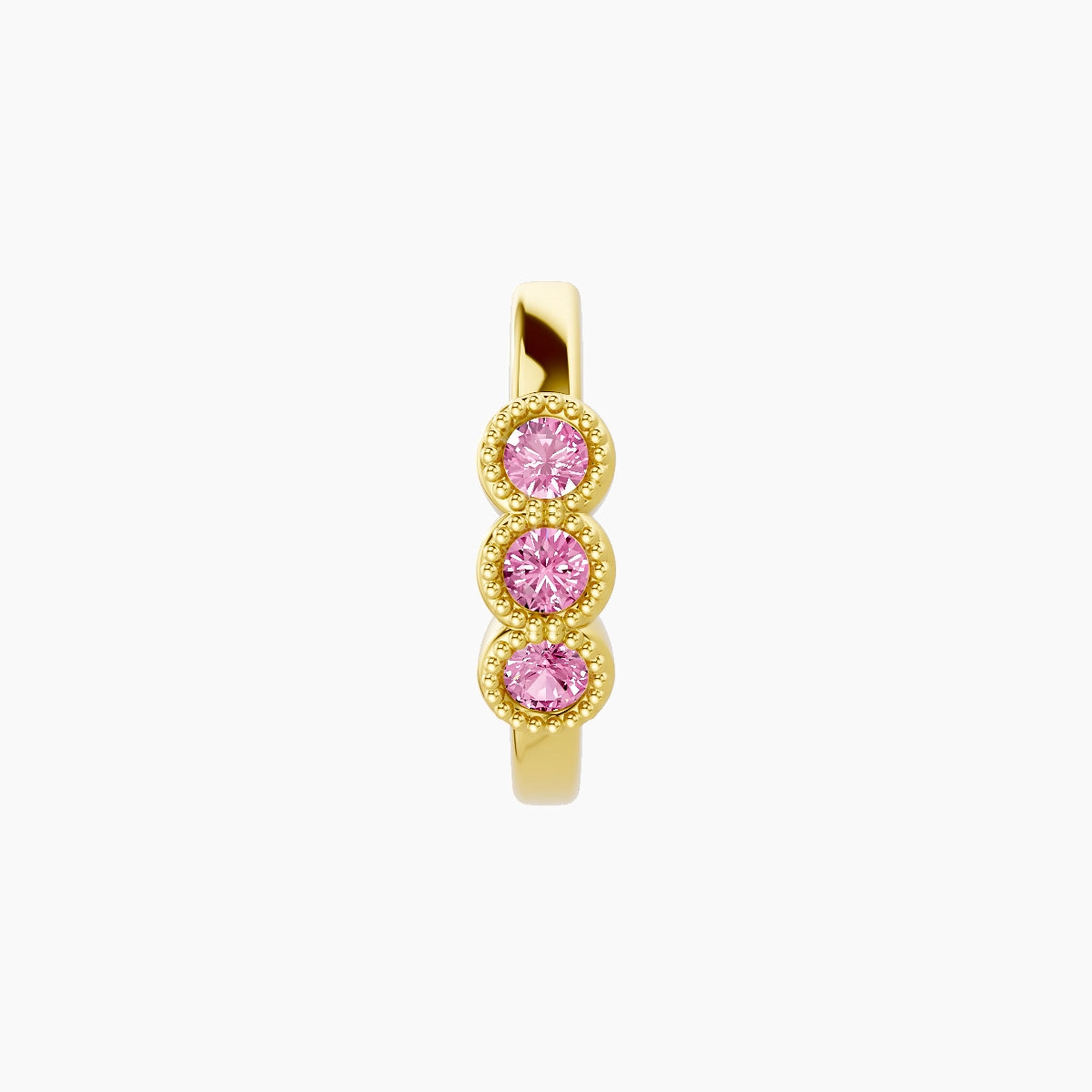 Irene | 18k Yellow Gold 8 mm Trilogy Pink Sapphire Hoop Piercing