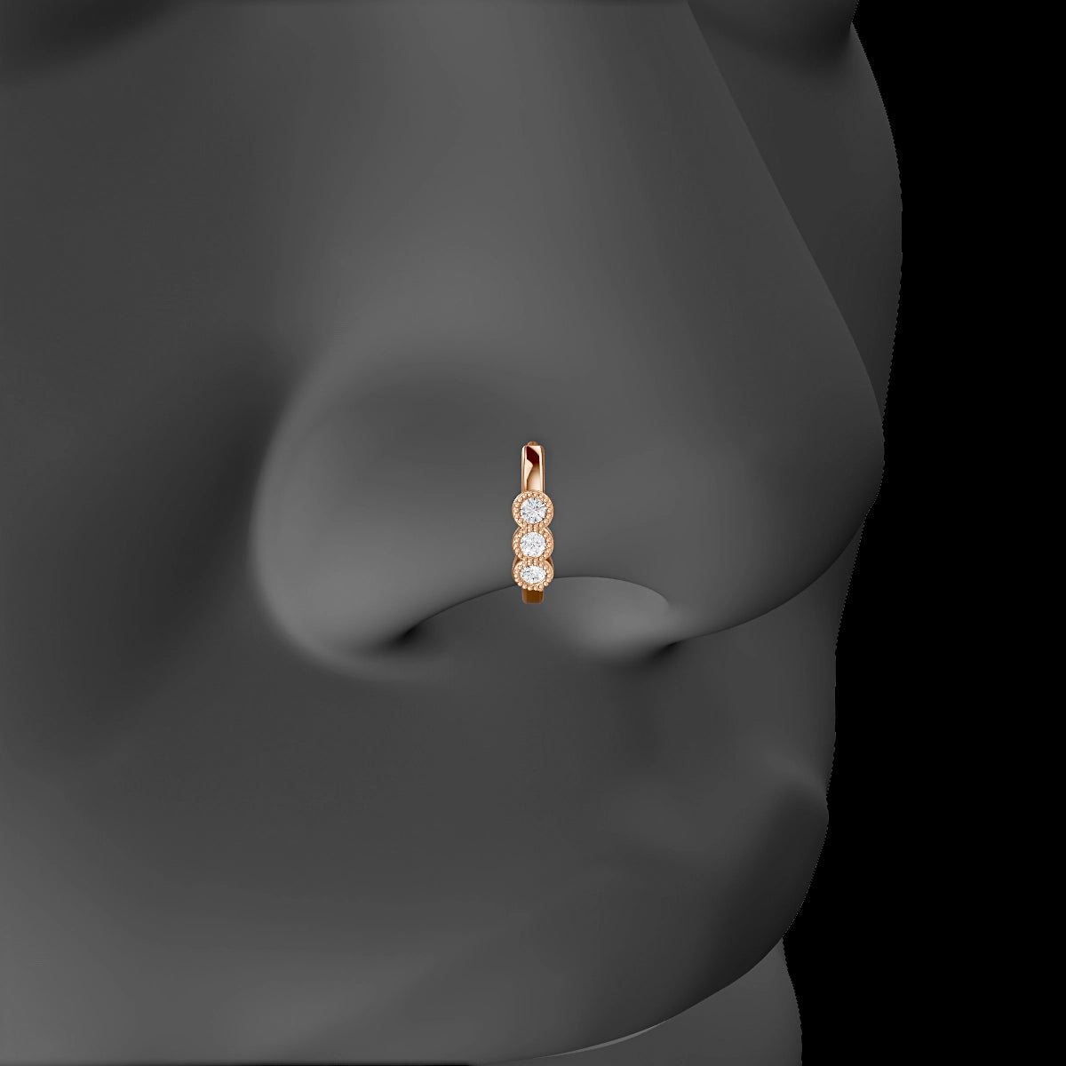 Irene | 18k Rose Gold 8 mm Trilogy Diamond Nose Ring Piercing