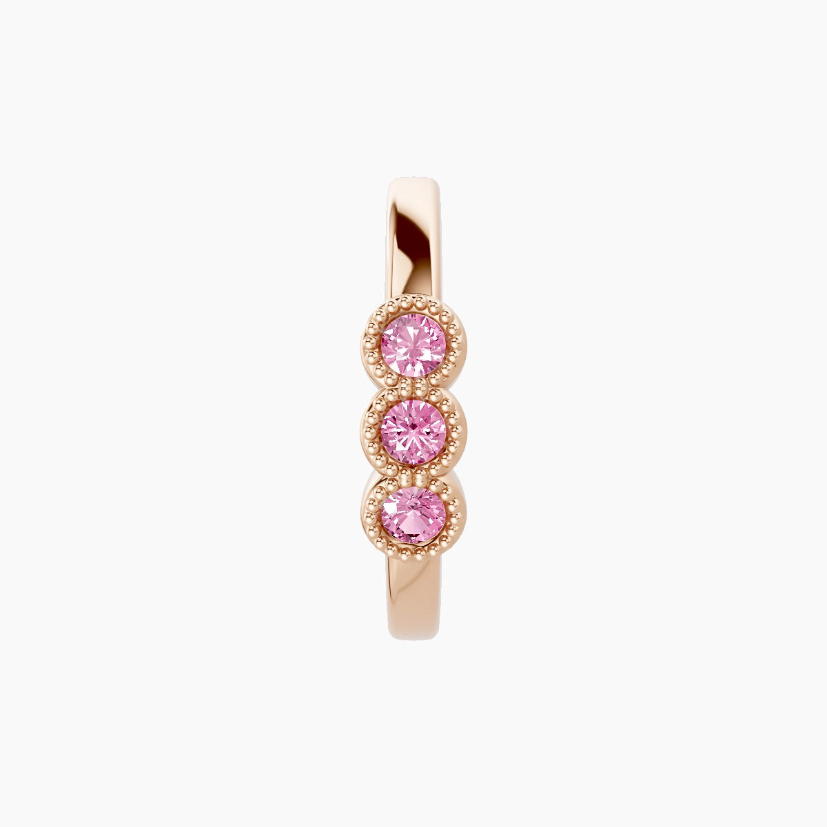 Irene | 18k Rose Gold 9.5 mm Trilogy Pink Sapphire Hoop Piercing