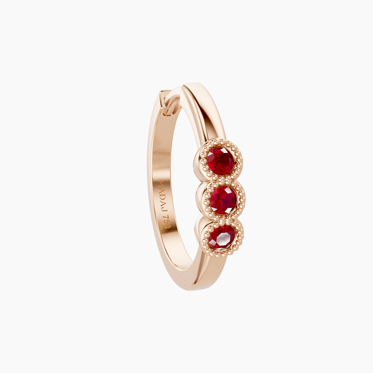 Irene | 18k Rose Gold 9.5 mm Trilogy Ruby Hoop Piercing
